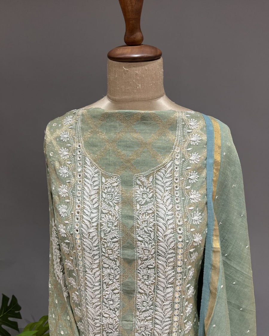Banarsi Chanderi Chikankari Semistitch 2pc Suit - Tomatillo Green