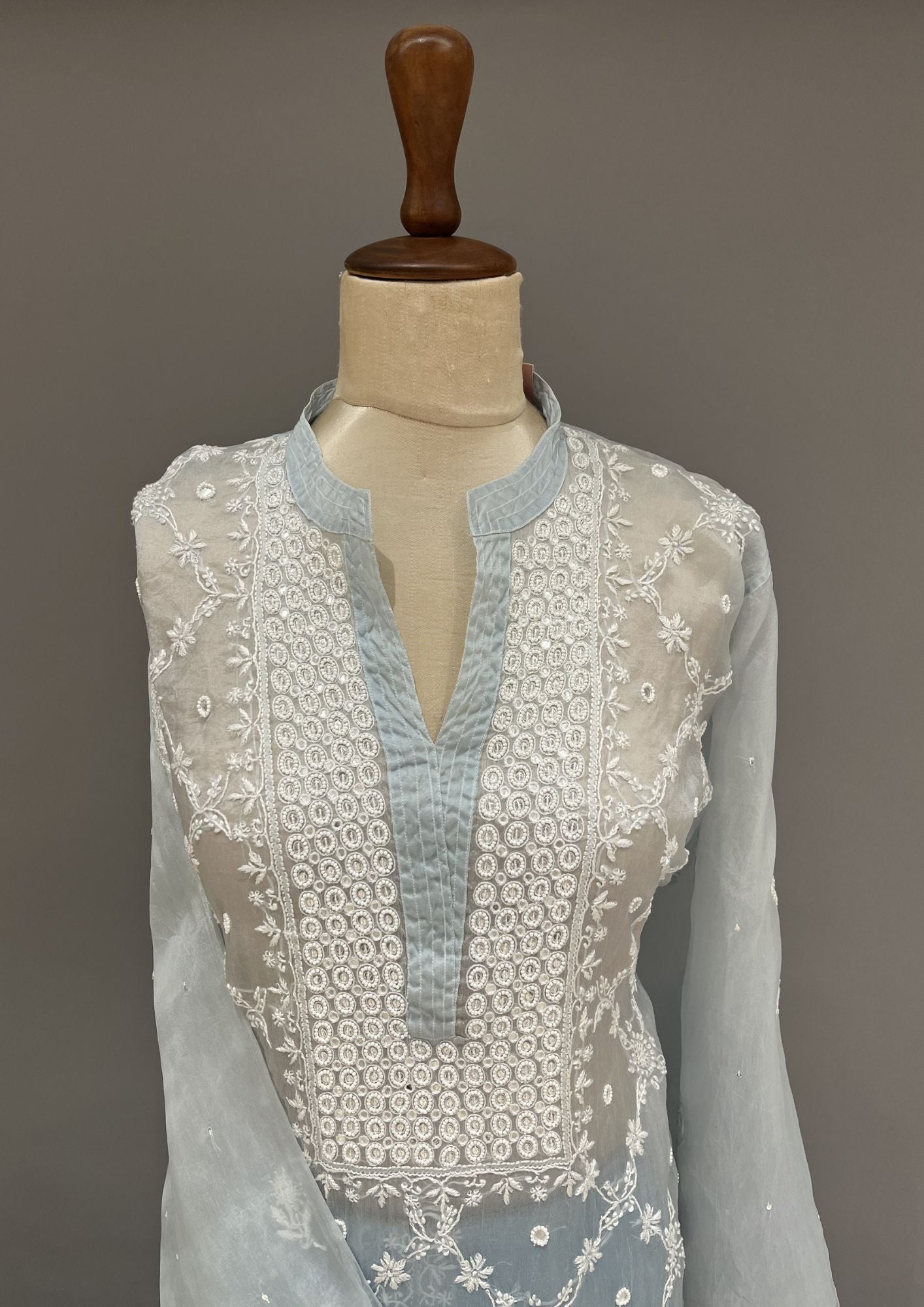 Organza Chikankari Semistitch Co-ord Set - Powder Blue