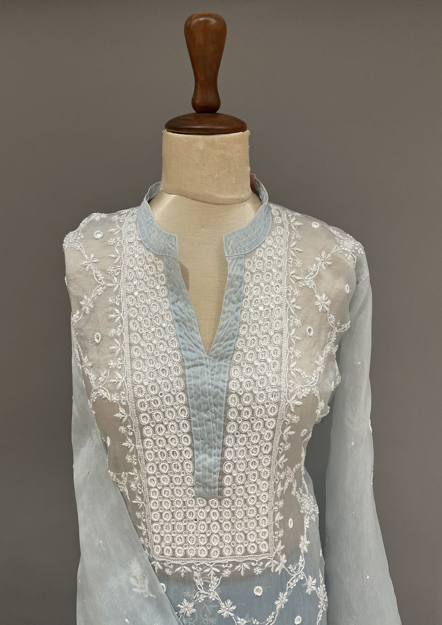 Organza Chikankari Semistitch Co-ord Set - Powder Blue