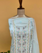 Organza Chikankari Unstitsched Kurta And Dupatta Set - Sea Blue
