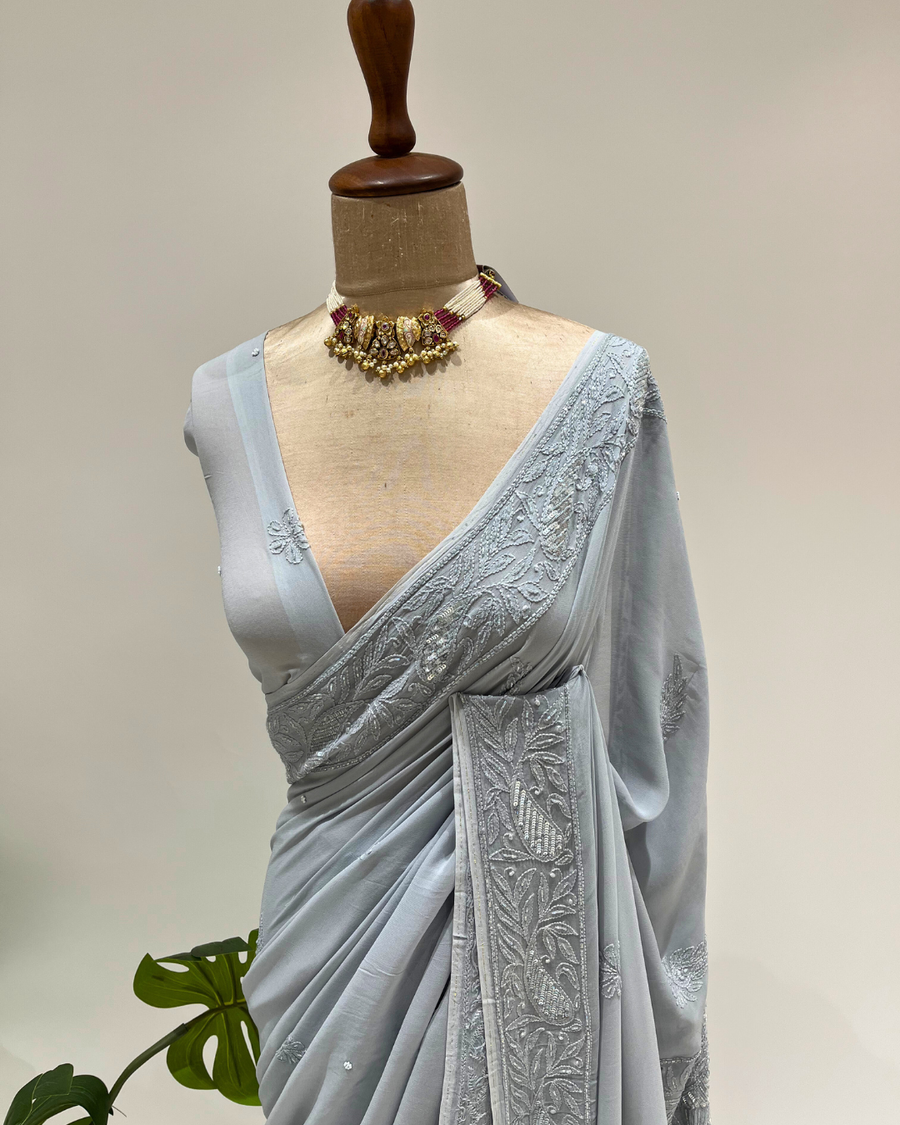 Chikankari Viscose Saree - Pearl Blue
