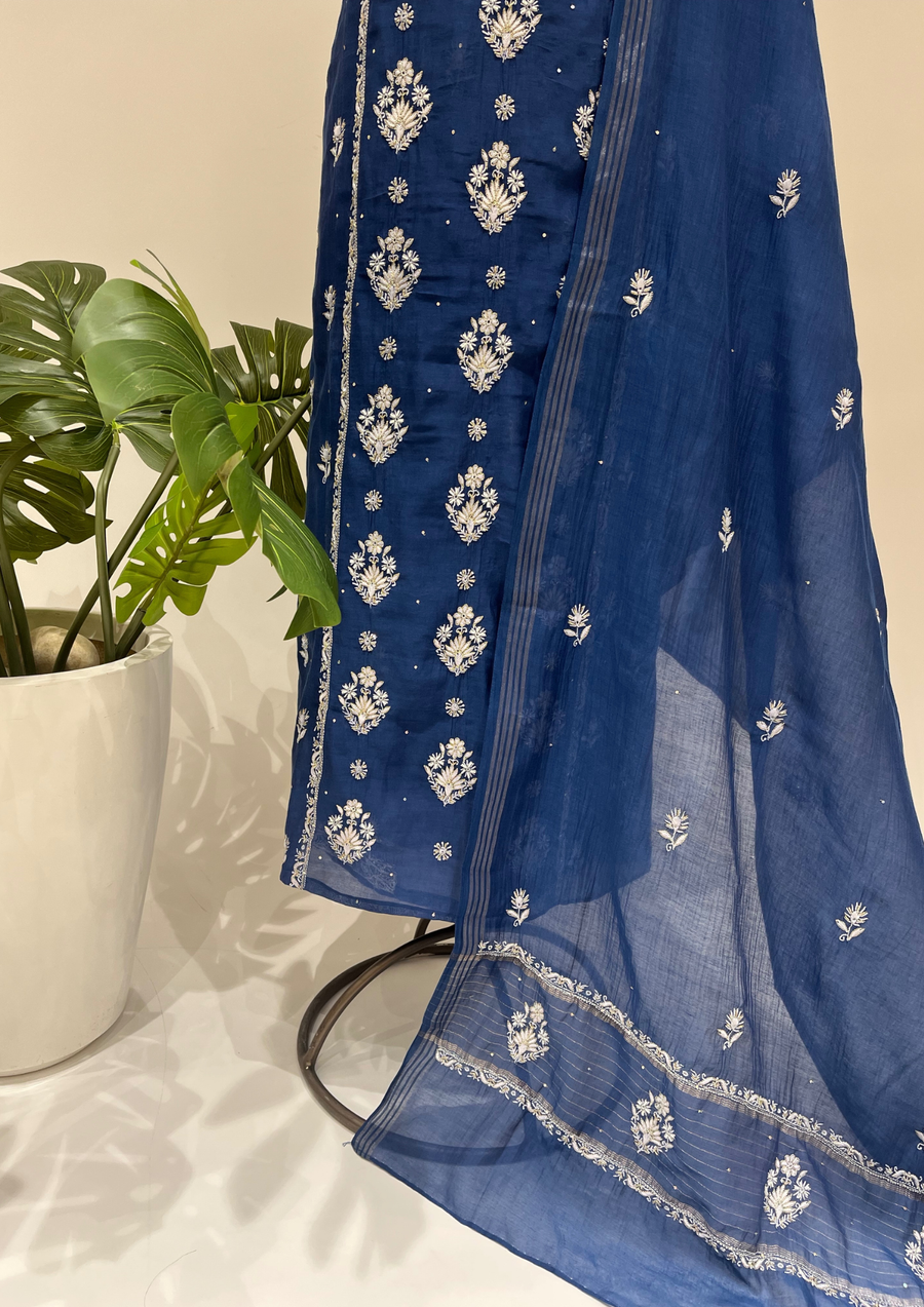 Mul Chanderi Chikankari unstitched Suit - Navy Blue