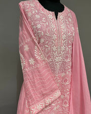 Mul Chanderi Chikankari Stitch Anarkali Set- Bubblegum Pink