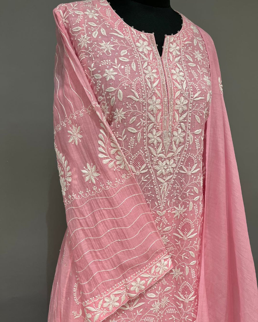 Mul Chanderi Chikankari Stitch Anarkali Set- Bubblegum Pink
