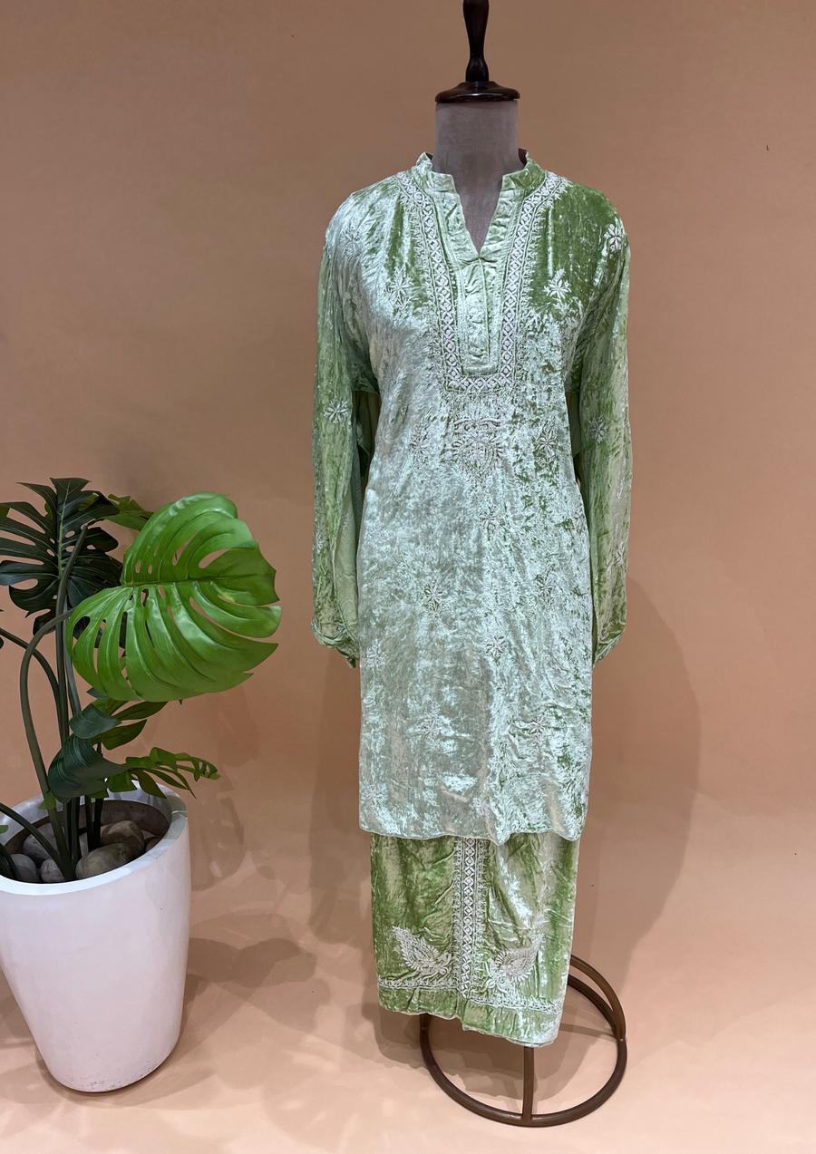 Velvet Chikankari Unstitched Coord Set - Mint Green