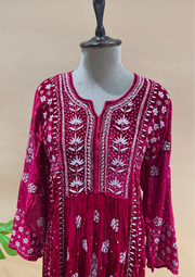 Velvet Chikankari Semistitched Sharara Set - Magenta Pink