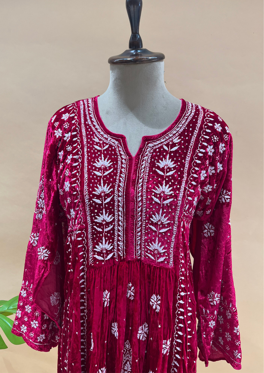 Velvet Chikankari Semistitched Sharara Set - Magenta Pink
