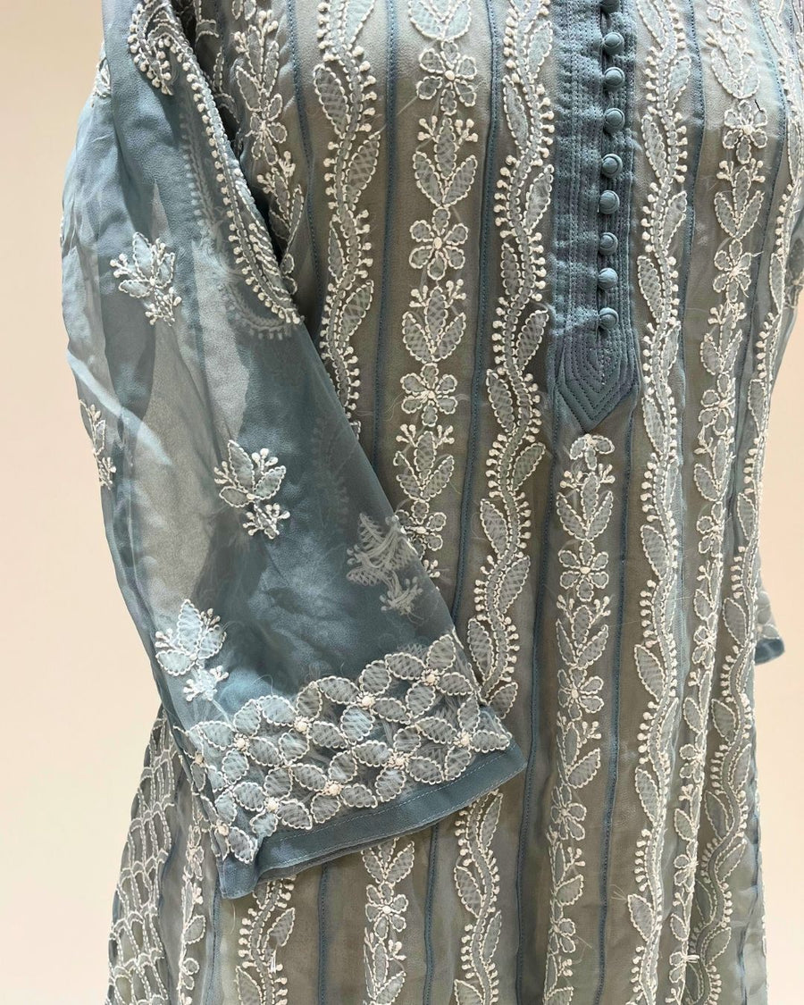 Georgette Anarkali Chikankari Kurta - Riple Blue