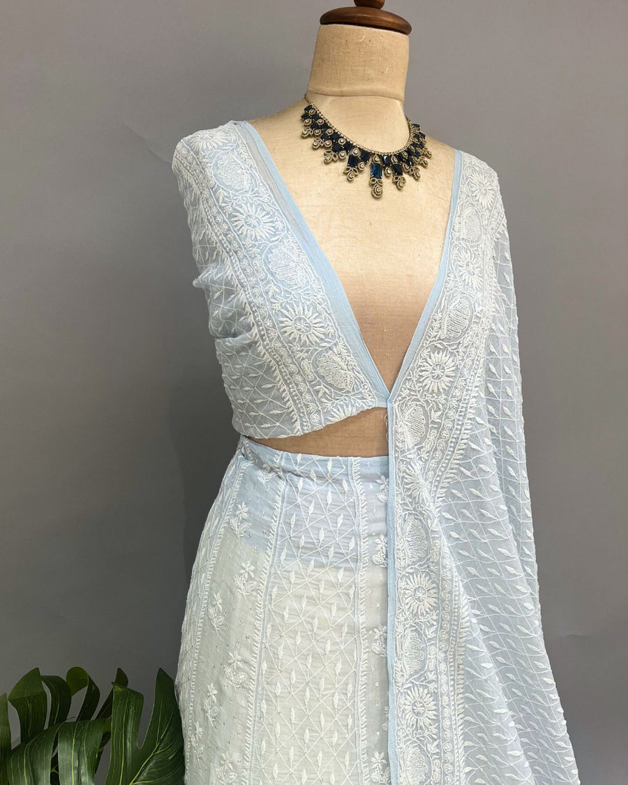 Mul Chanderi Chikankari Unstich Lehenga - Powder Blue