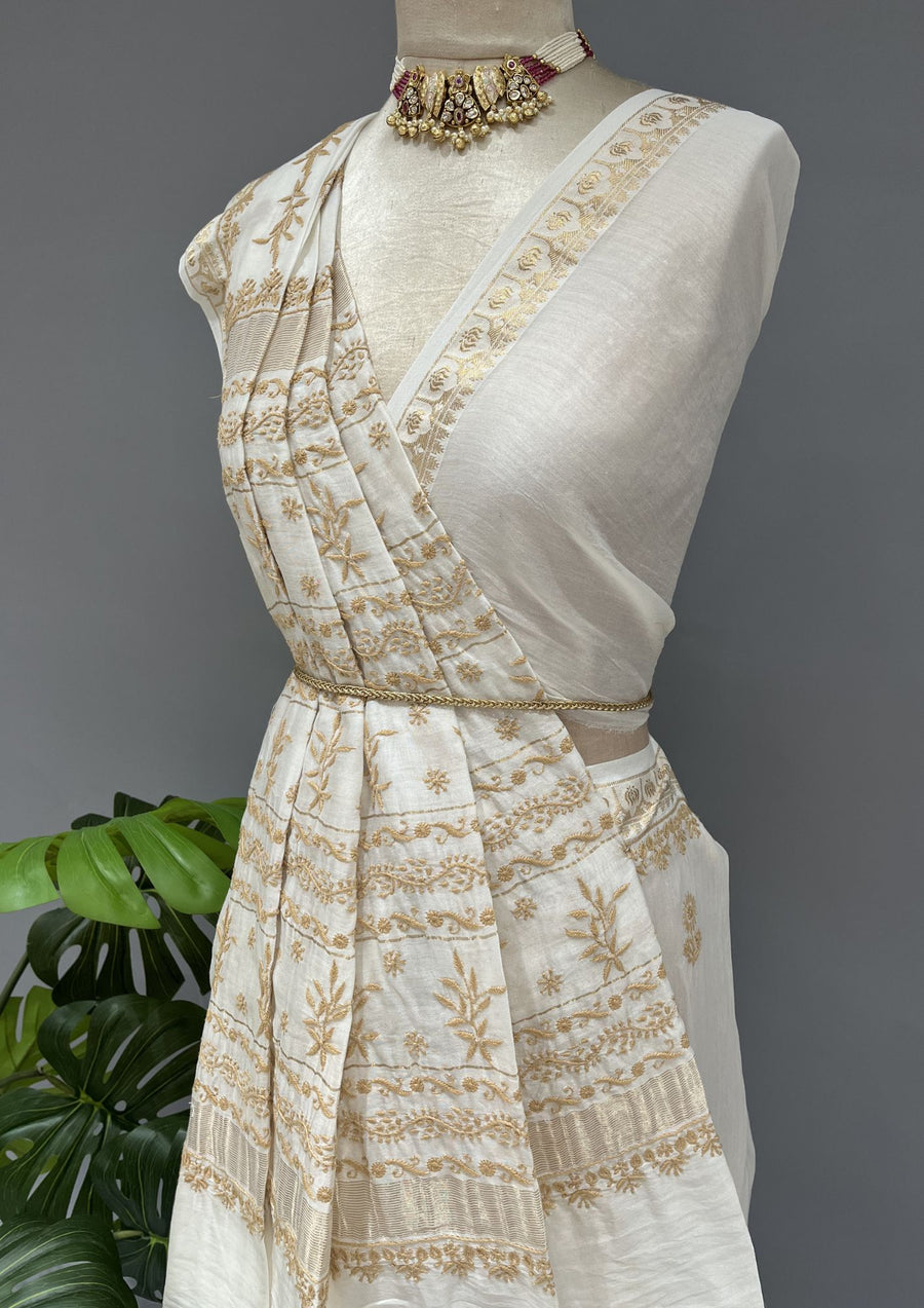Chanderi Chikankari Saree - Ivory & Beige