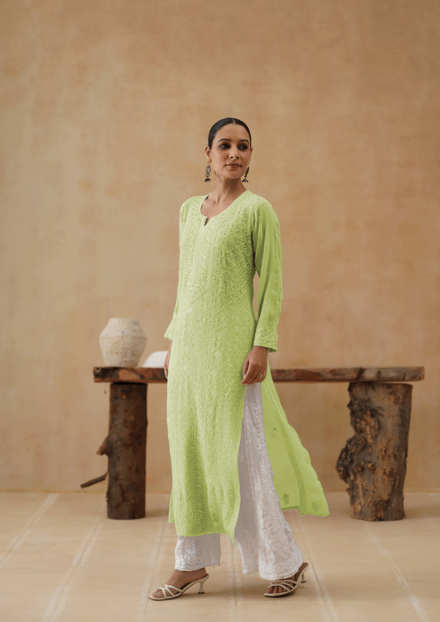 Georgette Chikankari Long Kurti - Lime Green