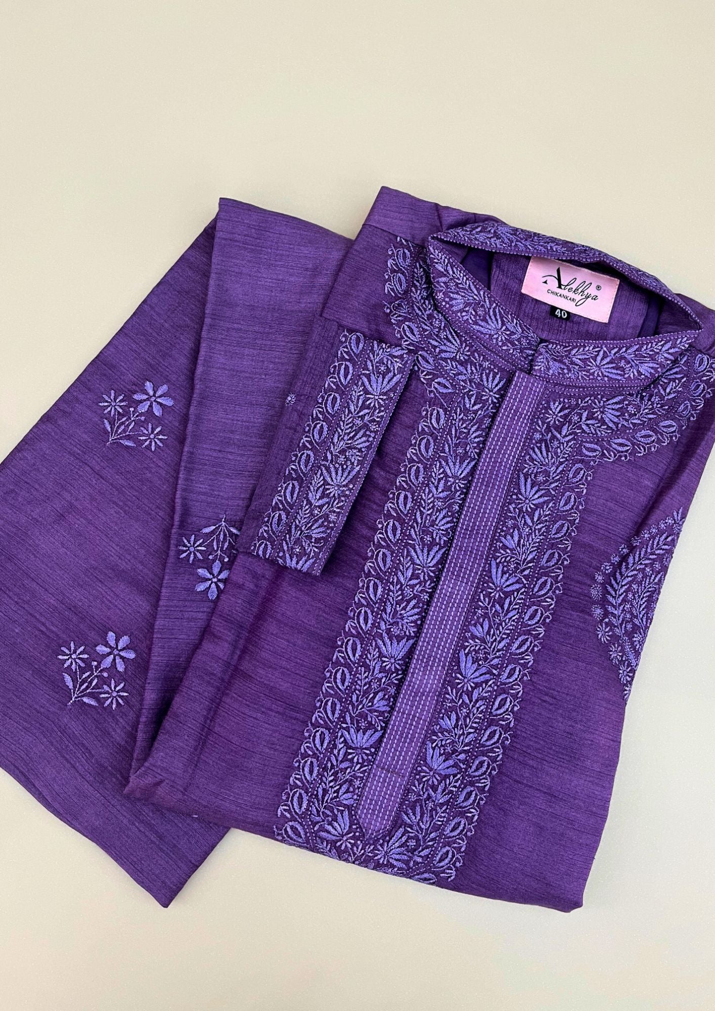 Munga Silk Chikankari Stitched Mens Kurta - Purple