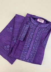 Munga Silk Chikankari Stitched Mens Kurta - Purple