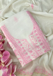 Chikankari Mul Chanderi Unstitched 2Pc Suit - White and pink
