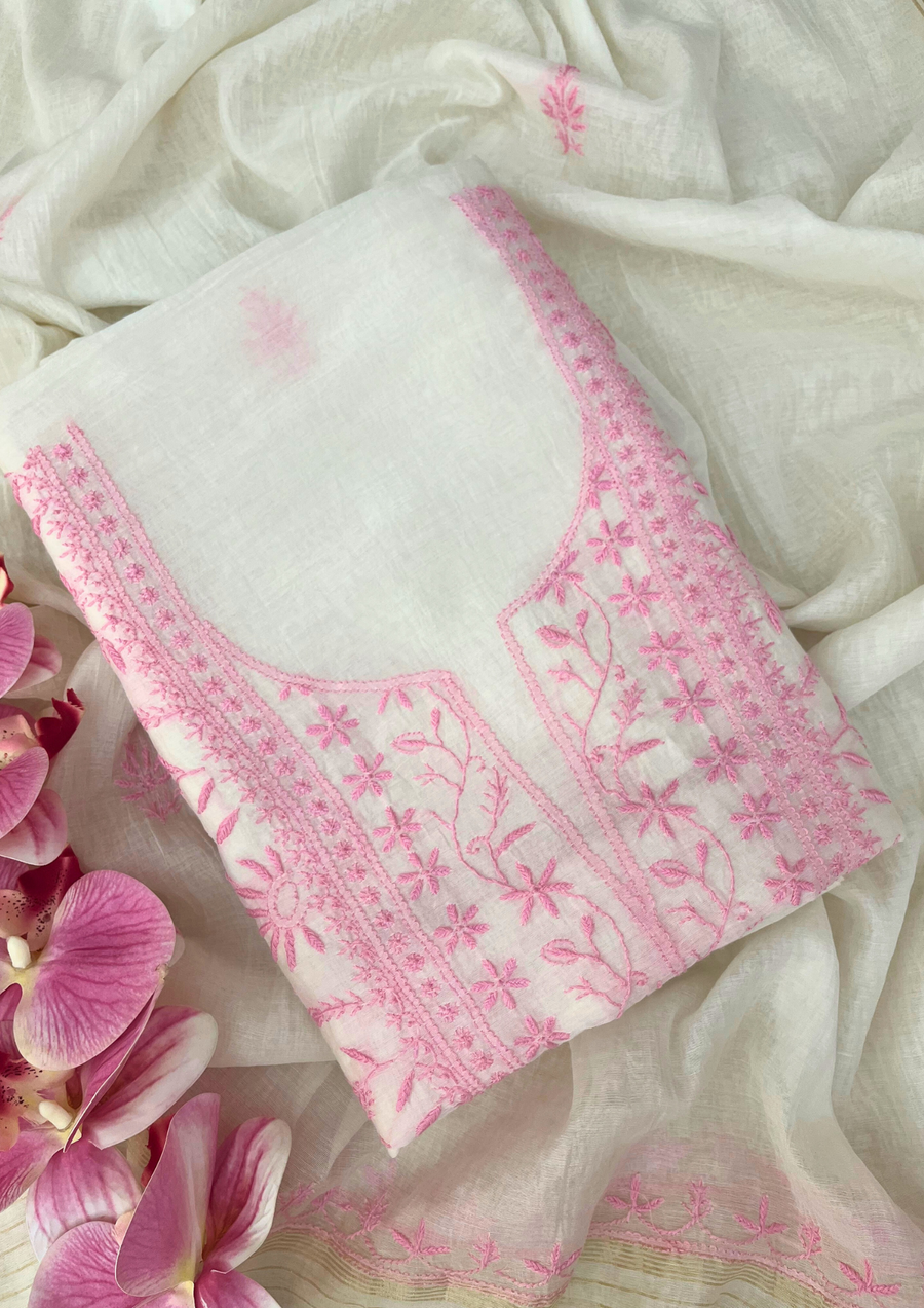 Chikankari Mul Chanderi Unstitched 2Pc Suit - White and pink