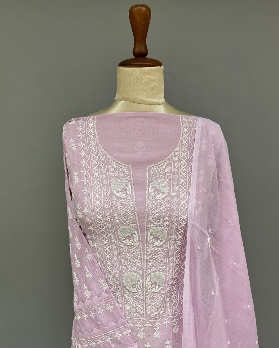 Mul Chanderi Chikankari Unstitched 2pc Suit - Mauve