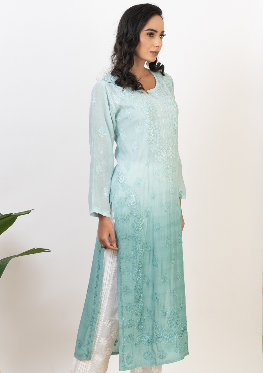 Muslin Chikankari Long Kurti - Ombre Teal Green