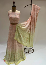 Pure Georgette Chikankari Unstitched Lehenga - Peach and Lime Green