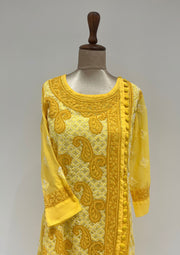Georgette Chikankari Long A-Line Kurti - Sunflower Yellow