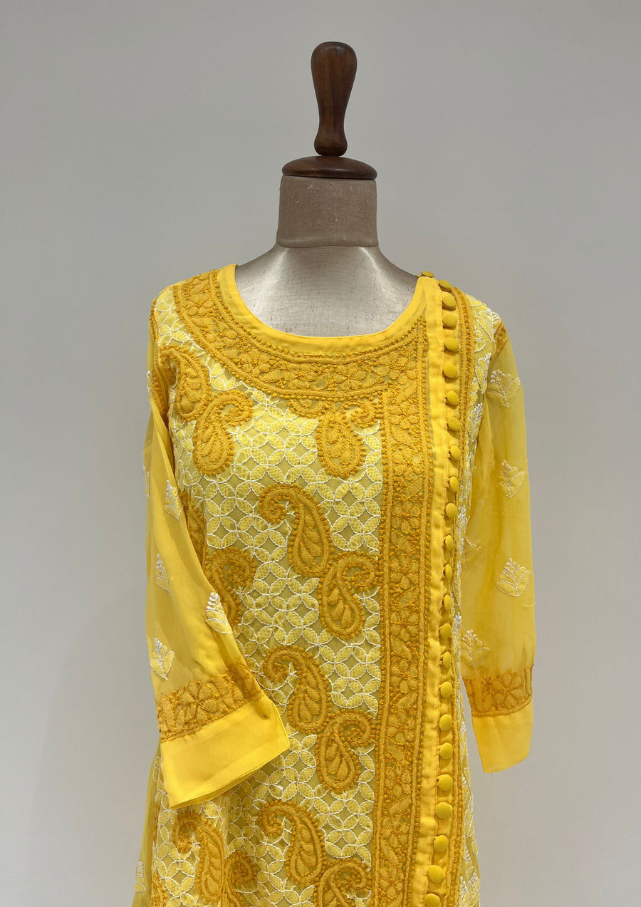 Georgette Chikankari Long A-Line Kurti - Sunflower Yellow