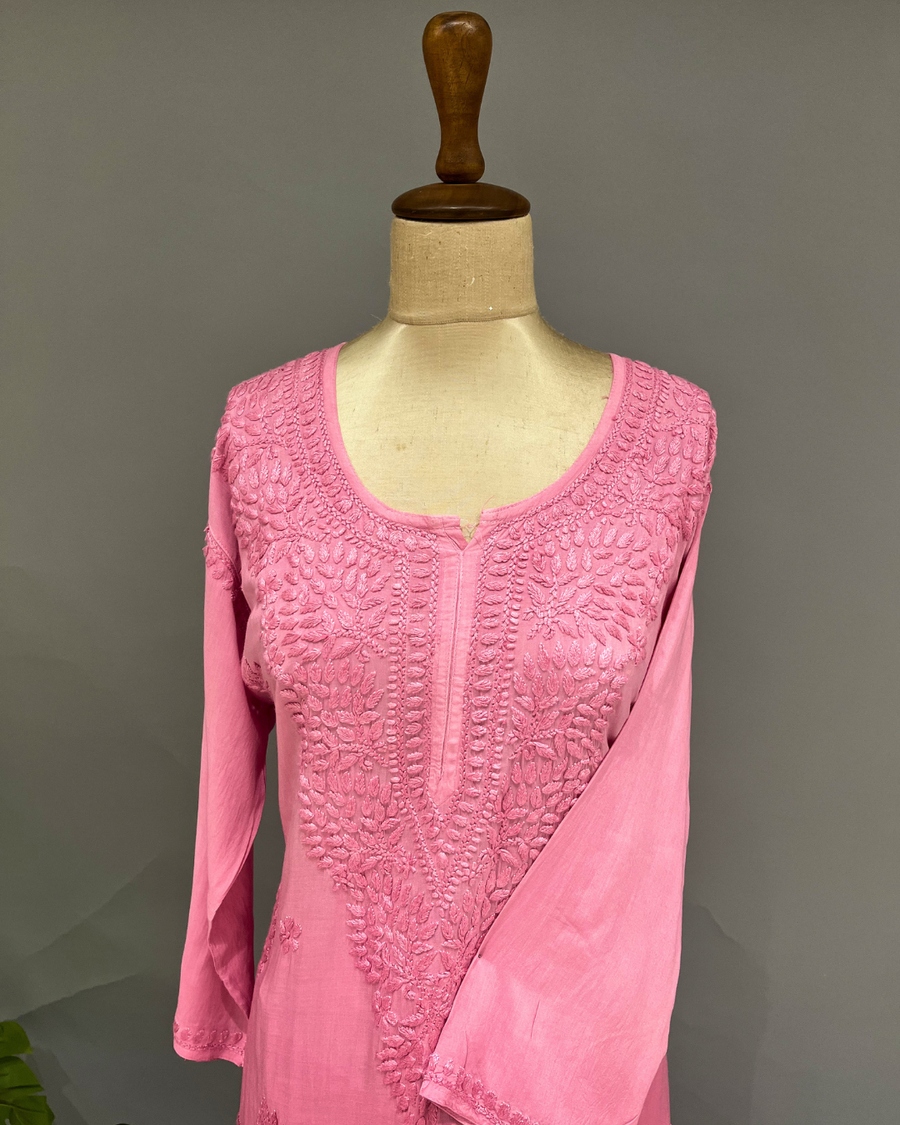 Rayon Chikankari Kurta and Bottom set - Taffy Pink