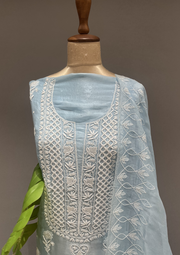 Organza Chikankari Unstitched Suit Set - Powder Blue