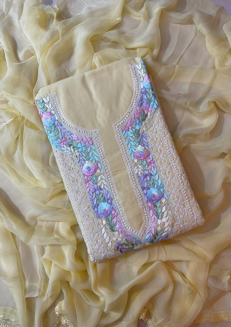 Cotton Chikankari Unstitched Suit - Lime Yellow