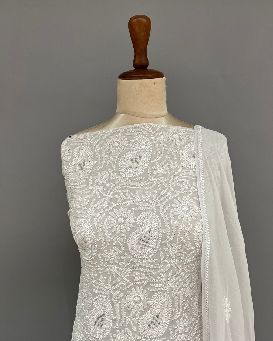 Viscose Georgette Chikankari Unstitched Anarkali - Silver Grey