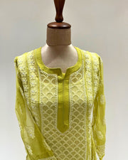 Georgette Anarkali Chikankari Kurta- Lime Green