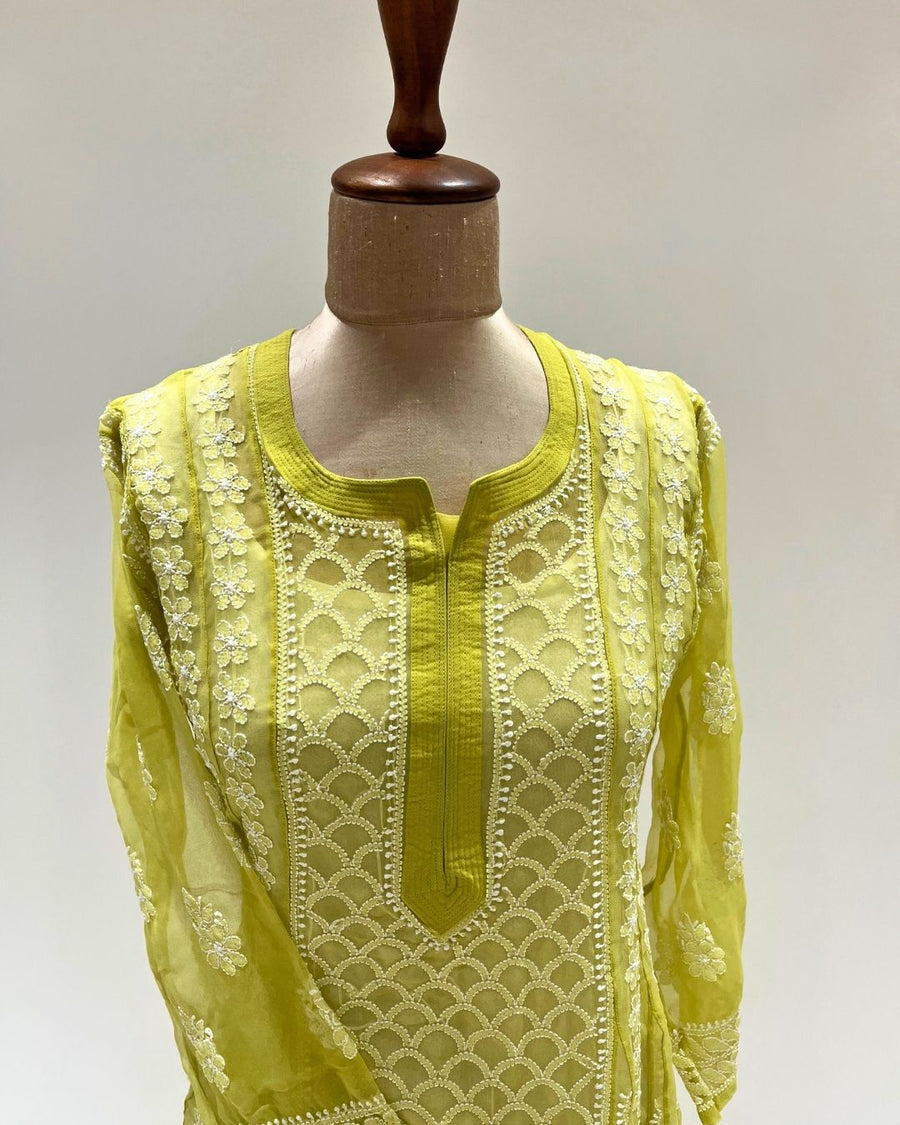 Georgette Anarkali Chikankari Kurta- Lime Green