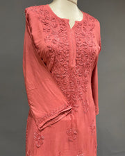 Rayon Chikankari Kurta and Bottom set - Coral Red