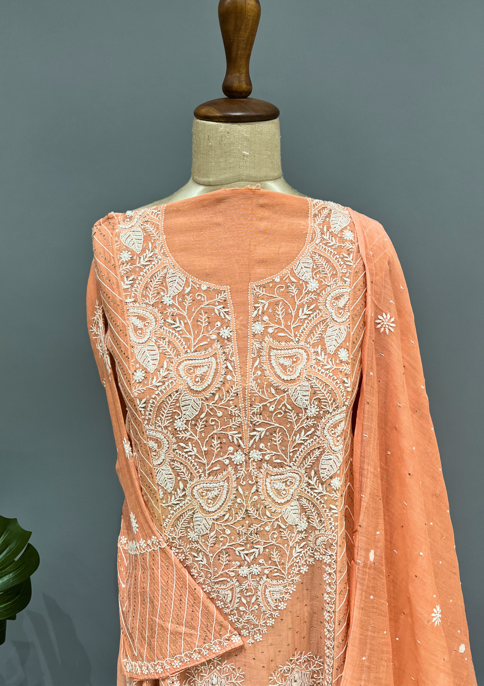 Chikankari Mul Chanderi Anarkali Set- Rust Orange