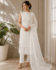 Viscose Chikankari Unstitched Suit Set - White