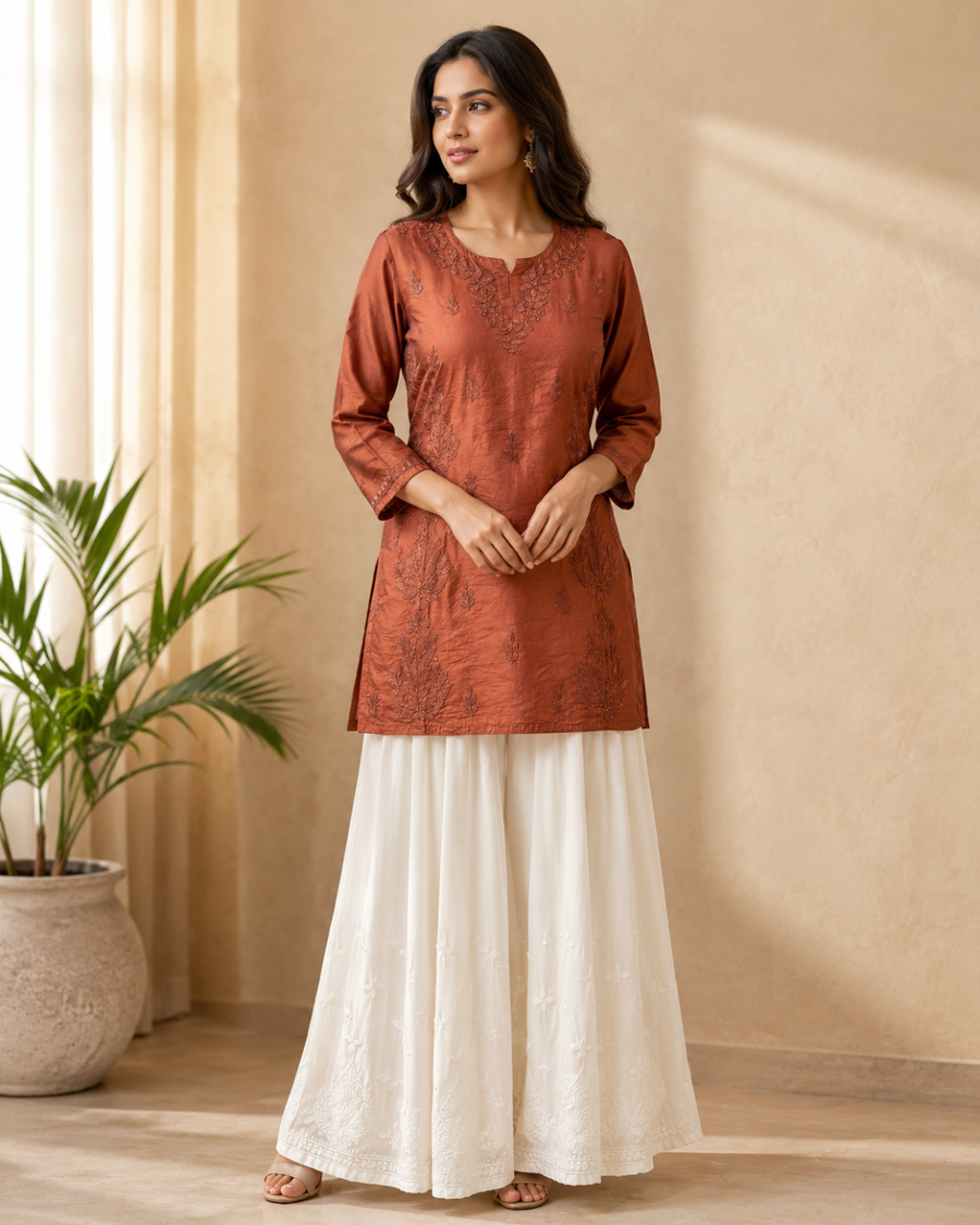 Chanderi Chikankari Short Kurti - Rust Brown
