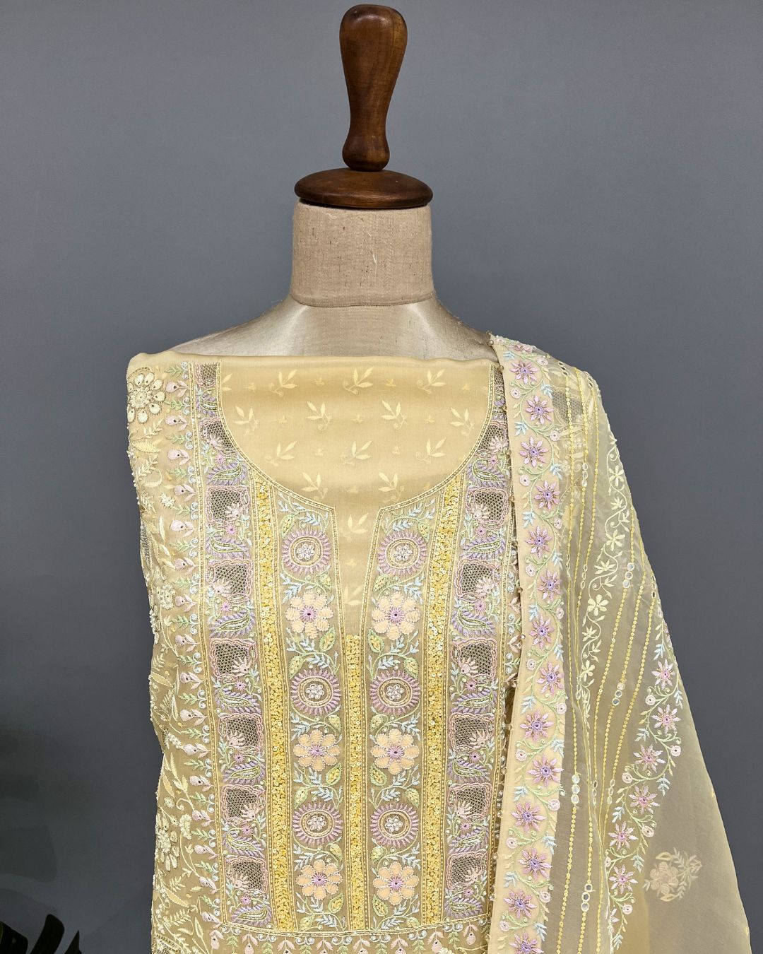 Chikankari Organza Unstitched Suit - Lemon Yellow