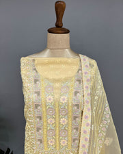 Chikankari Organza Unstitched Suit - Lemon Yellow