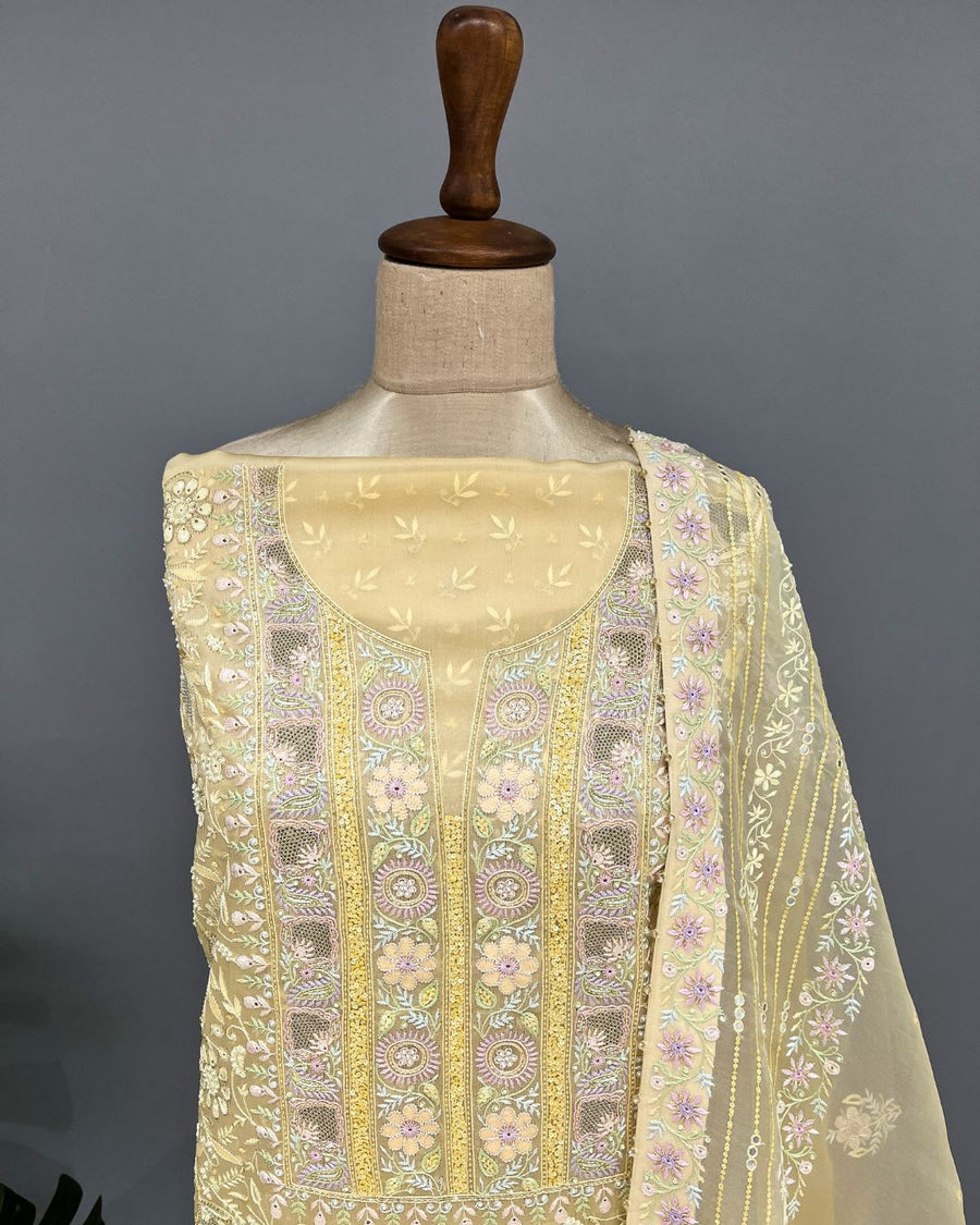 Chikankari Organza Unstitched Suit - Lemon Yellow