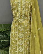 Mul Chanderi Chikankari Unstich 2pc suit - Mehendi Green