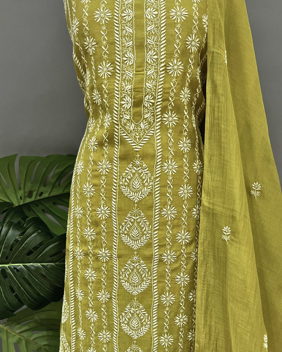 Mul Chanderi Chikankari Unstich 2pc suit - Mehendi Green