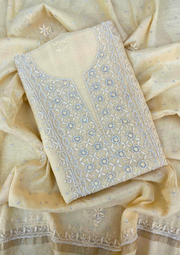 Mul Chanderi Chikankari Unstitched 2Pc Suit - Lemon yellow