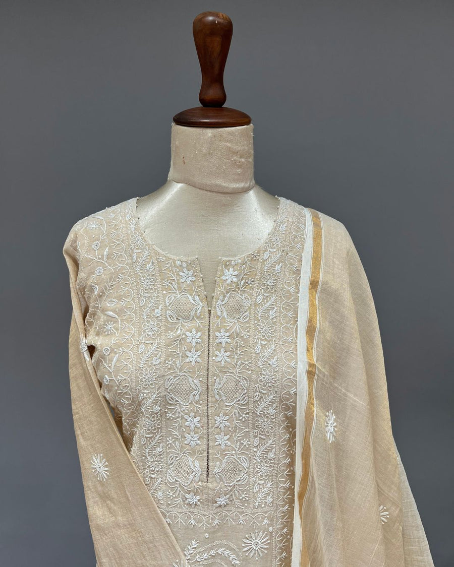 Golden Tissue Chikankari 3pc Stitched Suit - Golden