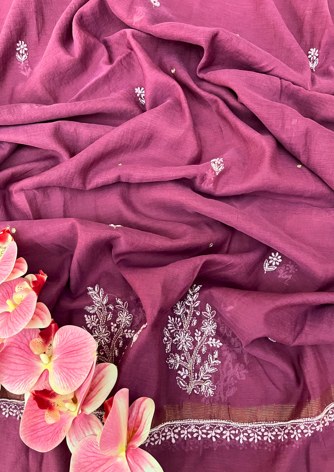 Chikankari Mul Chanderi Unstitched 2Pc Suit - Plum