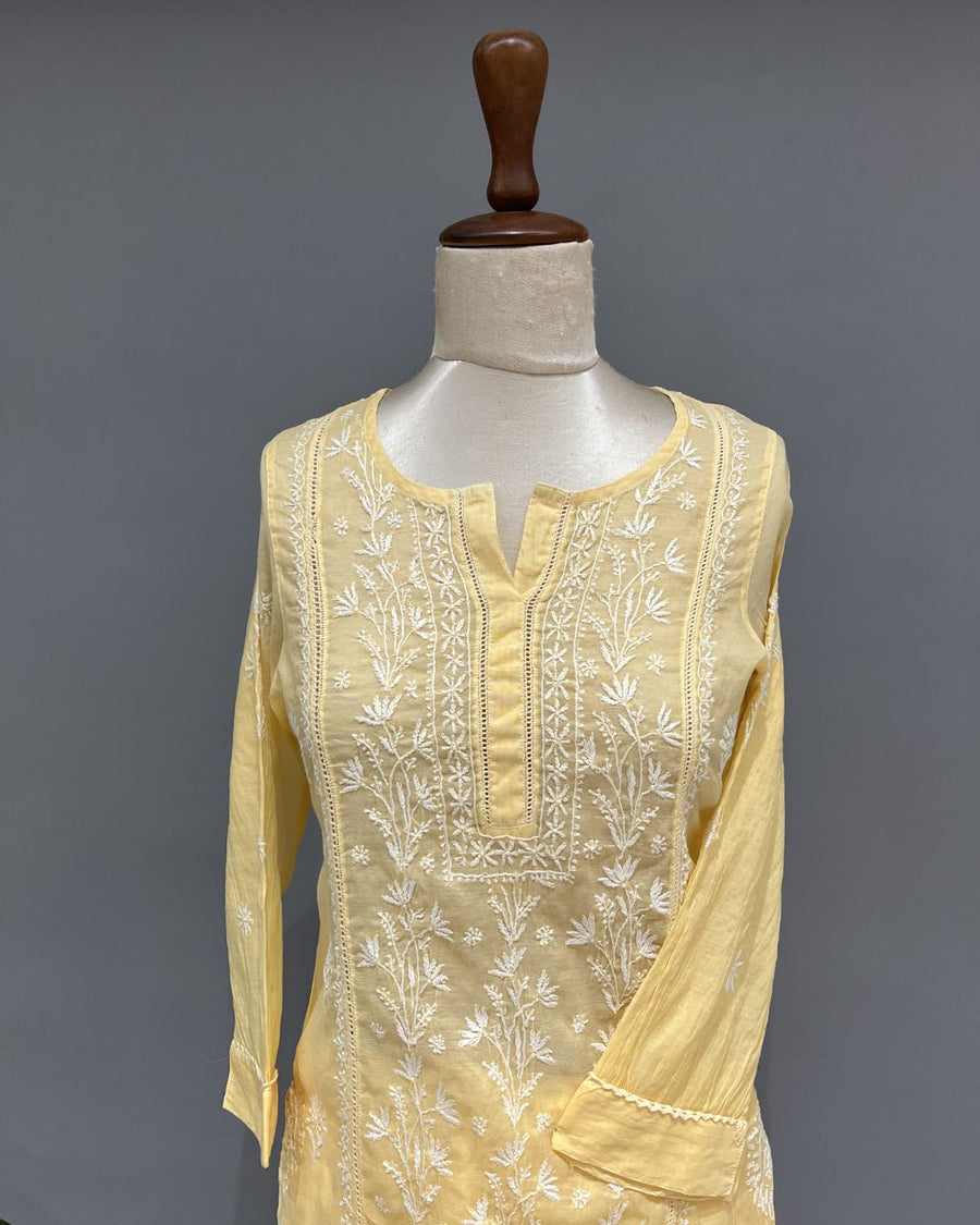 Chanderi Chikankari Co-ord Set - Banana Yellow