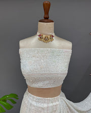 Pure Georgette Chikankari Unstitched Lehnga - Ivory & Multicolour