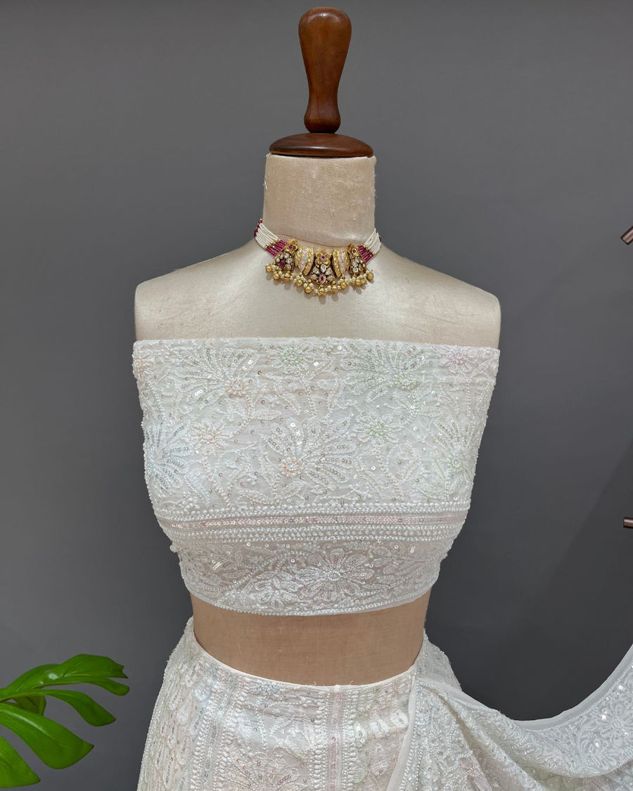 Pure Georgette Chikankari Unstitched Lehnga - Ivory & Multicolour