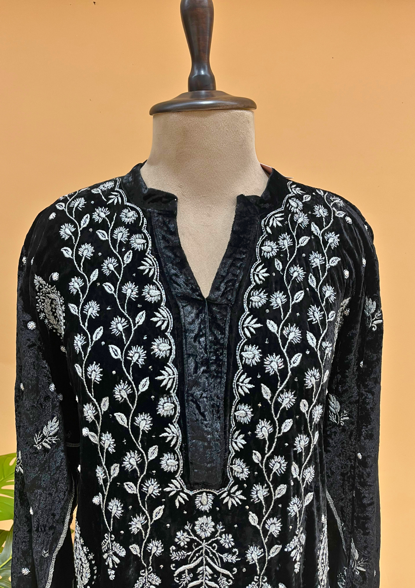 Velvet Chikankari Semistitched Co-ord Set - Black