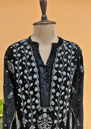 Velvet Chikankari Semistitched Co-ord Set - Black