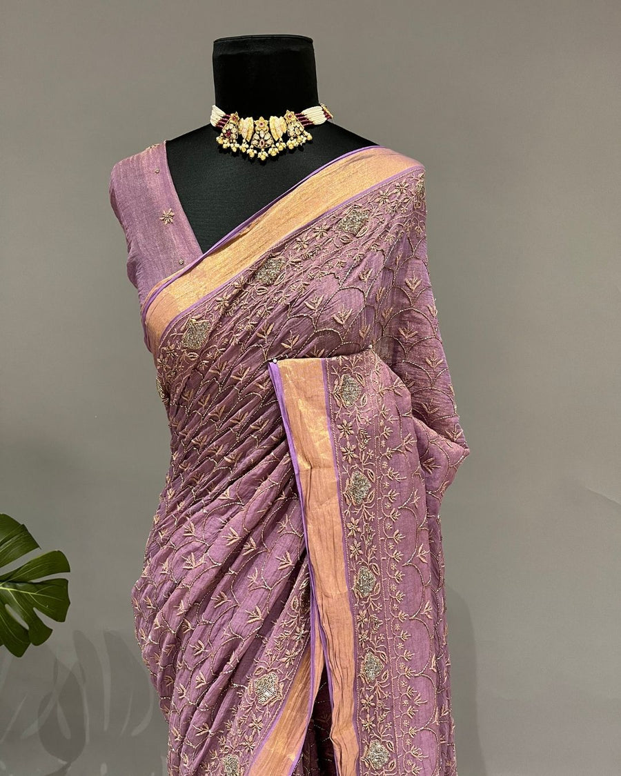 Tissue Chikankari Saree - Mauve Taupe