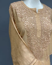 Chanderi Chikankari Long Kurti - Golden Peach