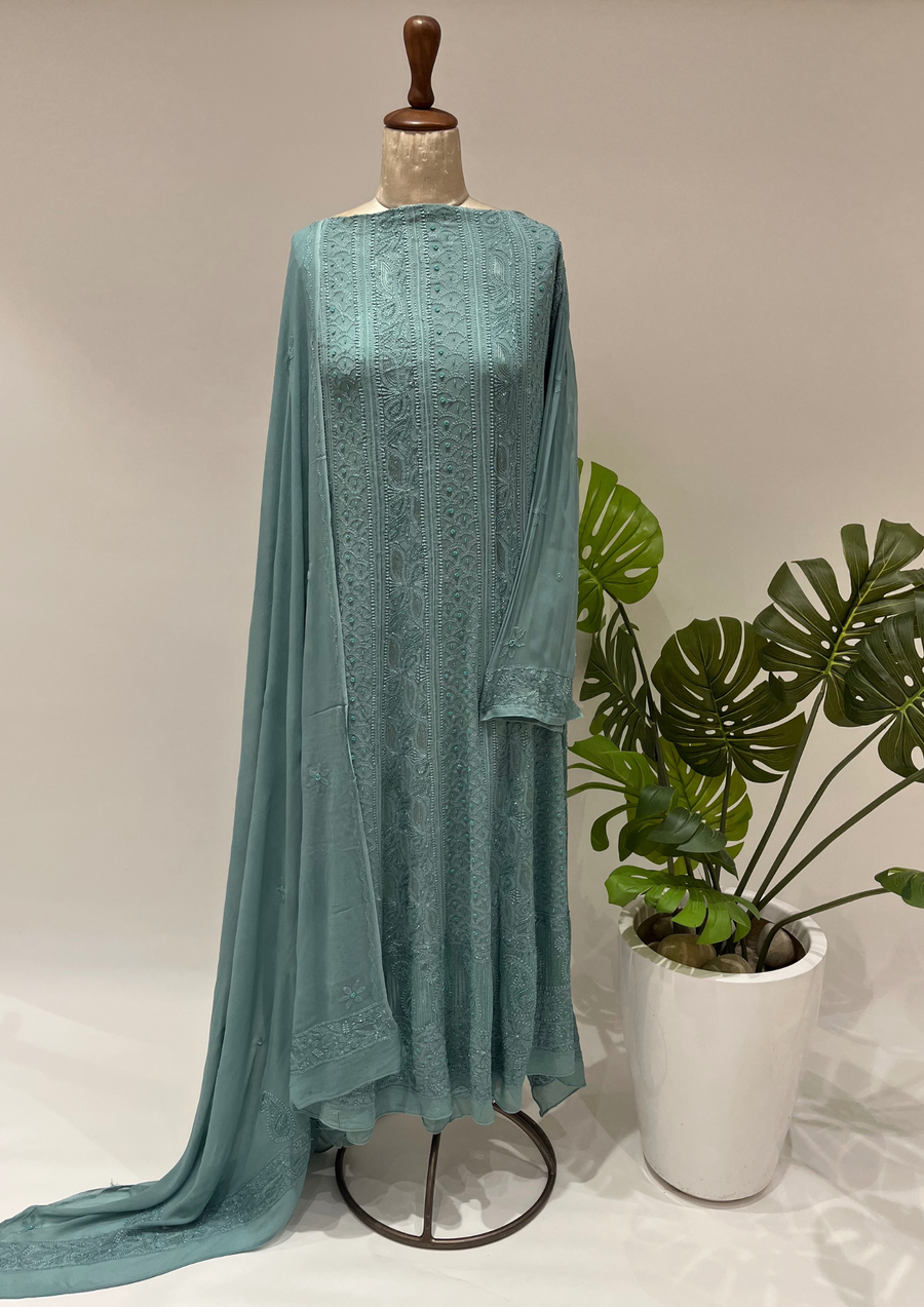 Viscose Chikankari Semistitched Anarkali - Teal
